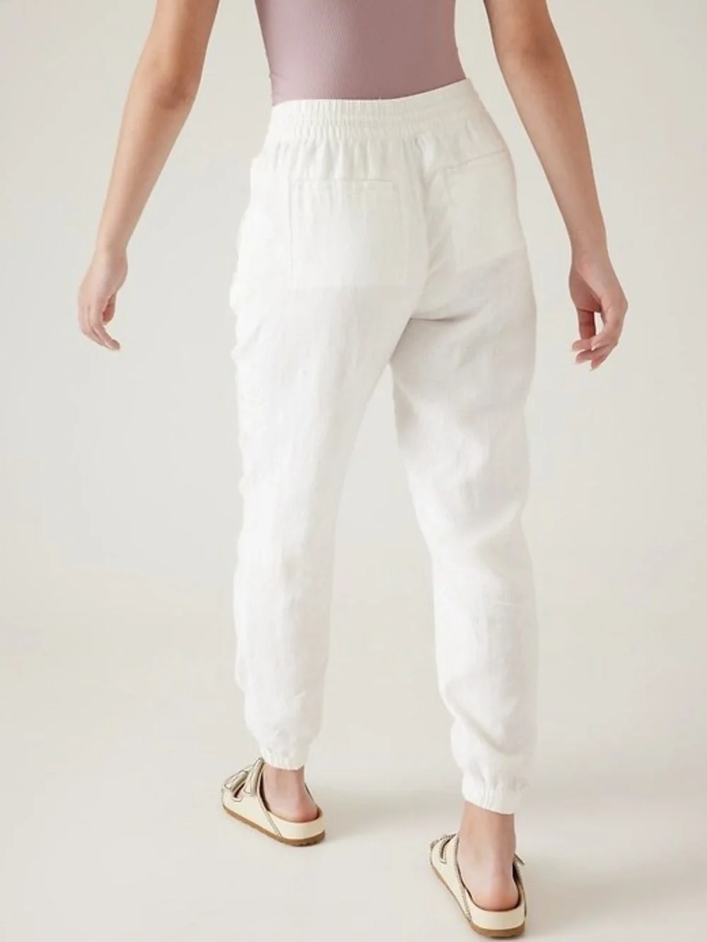 Athleta White Linen Drawstring Joggers with Patch Pockets Size 6